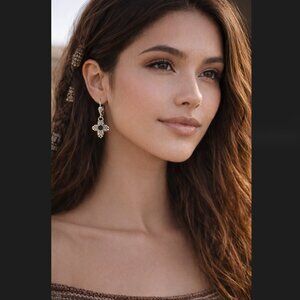 Inca Chakana Cross Earrings Silver Tone Black Onyx Style Inlay Dangle Boho Chic